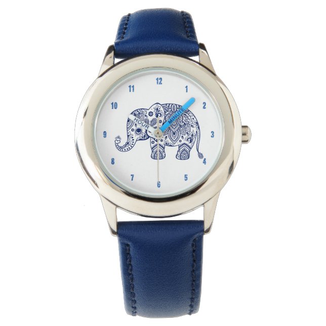Montre Illustration de l'éléphant floral Blue Paisley (devant)