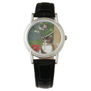 Montre Illustration vintage de chat avec fleurs de printe