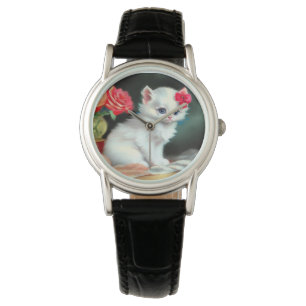Montre Illustration vintage de Kitten blanc avec fleurs r