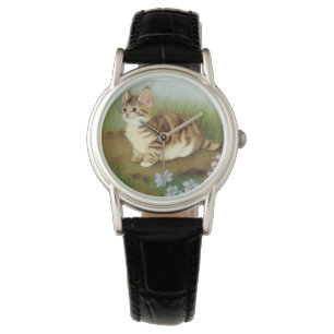 Montre Illustration vintage Kitten avec fleurs