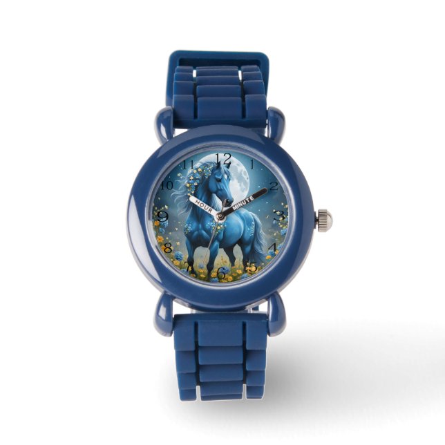 Montre Imaginaire Bleu Magique Cheval Lune Fleurs, (Recto)