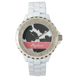Montre Impression personnalisée de vache rose et noire