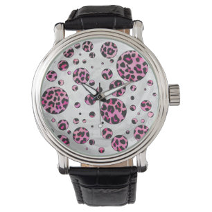 Montre Impression taches de léopard noir et rose vif