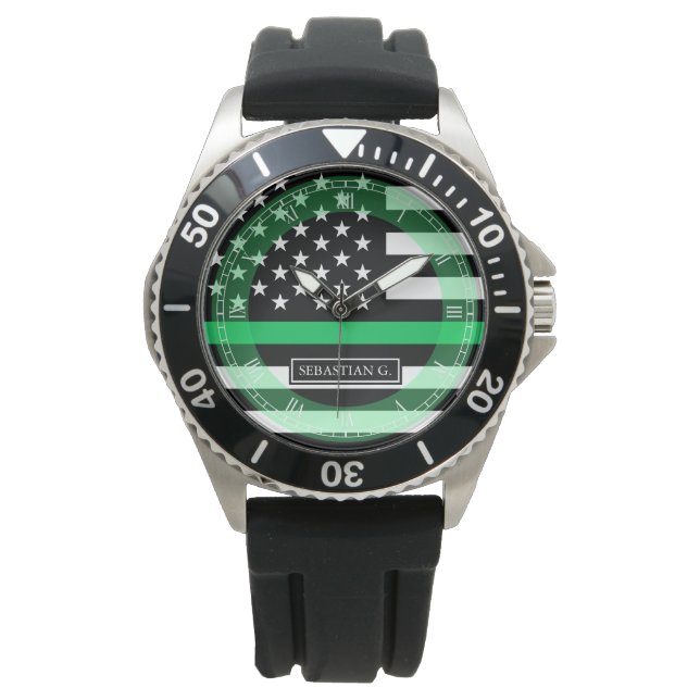 Montre Indicateur Ligne verte mince Nom personnalisé (devant)