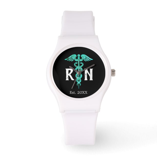 Montre Infirmière personnalisée RN Turquoise Caduceus Whi (Recto)