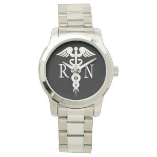 Montre Infirmière RN White Caduceus Veille d'argent fém