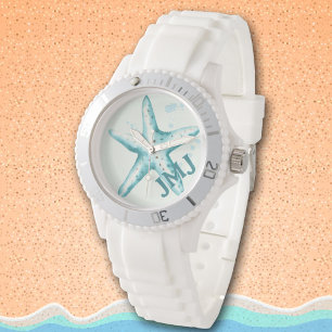 Montre Initiales de plage de Starfish Aqua Aquarelle d'ét
