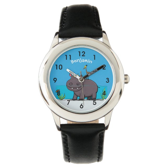 Montre Ippopotame drôle mignon avec dessin animé d'oiseau (devant)
