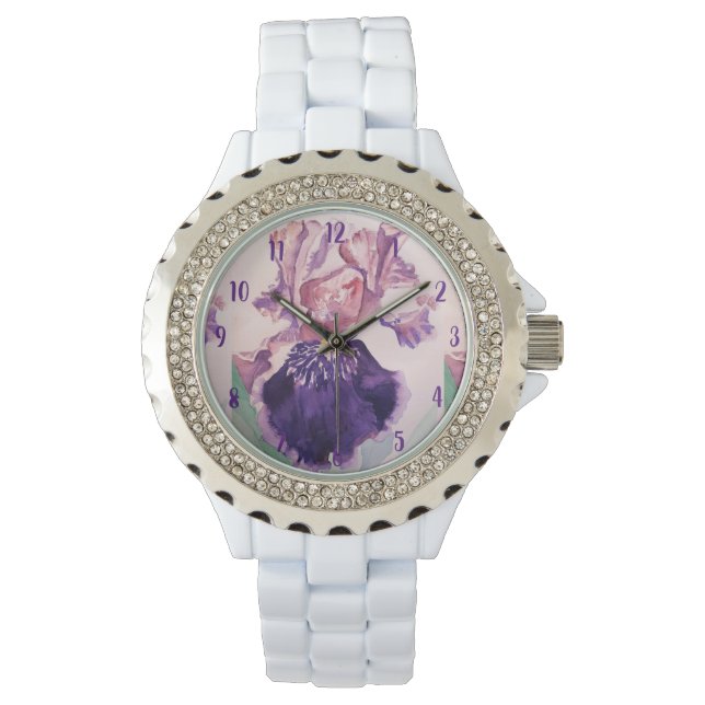 Montre Iris Aquarelle Peinture d'art mauve Fleur Floral (devant)