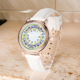 Montre Italienne Antico Deruta Intricte Blue Floral Dames