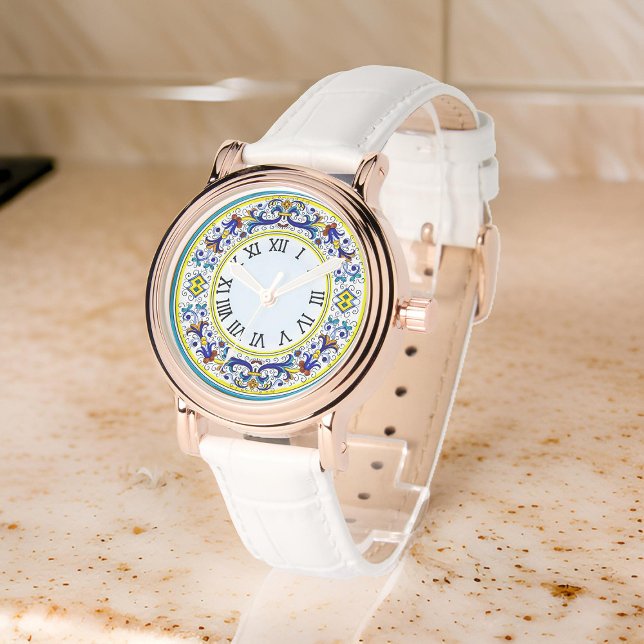 Montre Italienne Antico Deruta Intricte Blue Floral Dames (Zazzle Italian Antico Deruta Intricate Blue Floral Ladies Watch)
