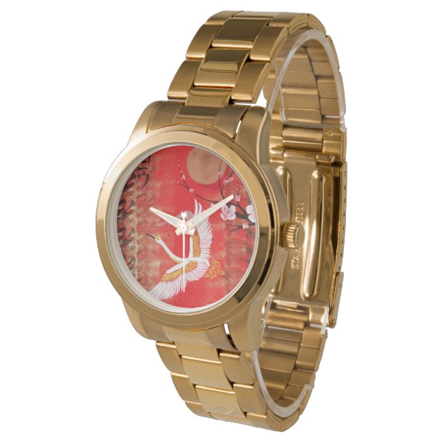 Montre Japonaise grue soleil Japon sakura rouge peinture (Incliné)