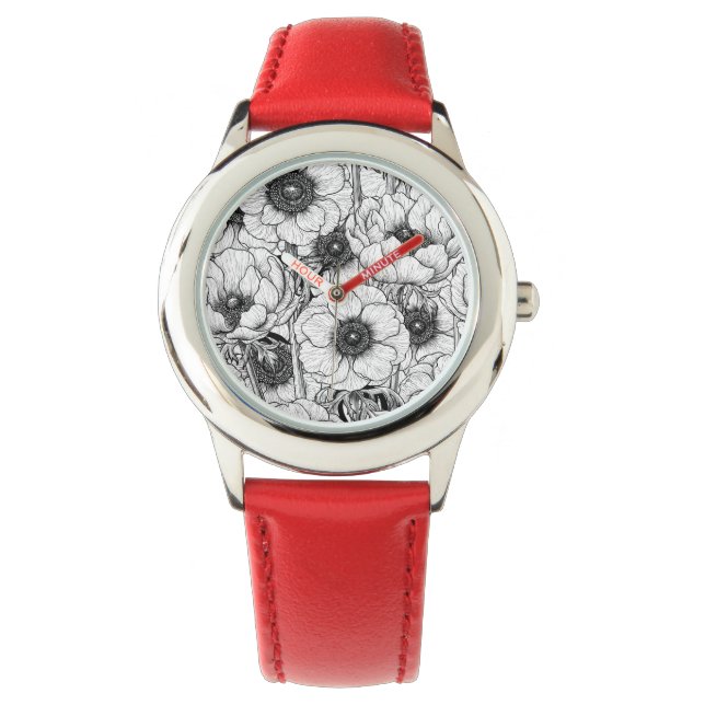 Montre Jardin d'anémones en noir et blanc (devant)