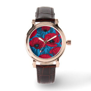 Montre Jardin de pavot rouge sur bleu