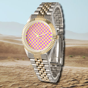 Montre Jaune violet de néon À damiers damier Vintage