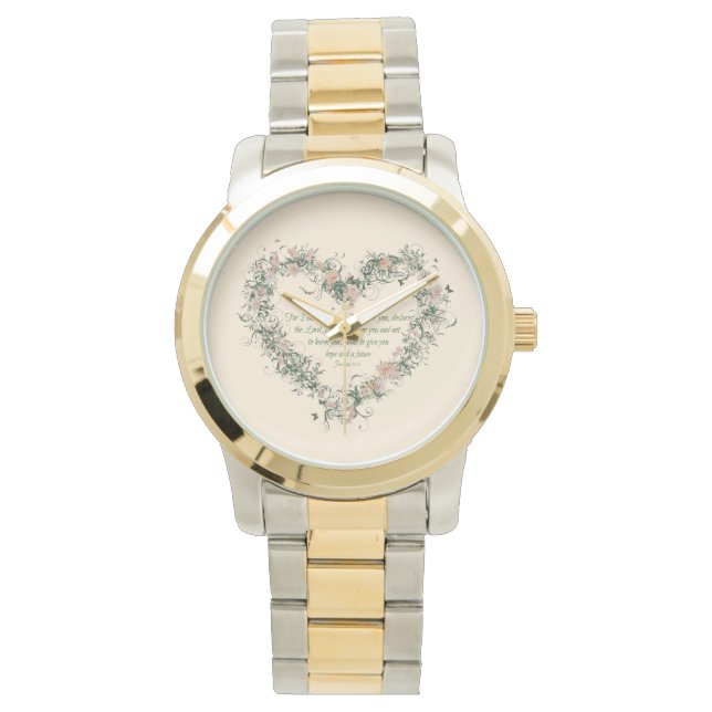 Montre Jeremiah 29:11 Floral Coeur Or et ton argent (devant)