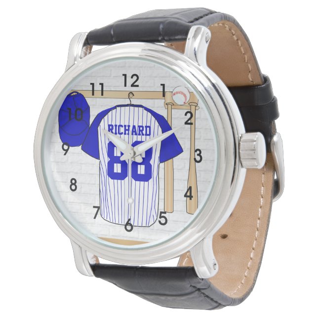 Montre Jersey de baseball bleu et blanc personnalisé (Incliné)