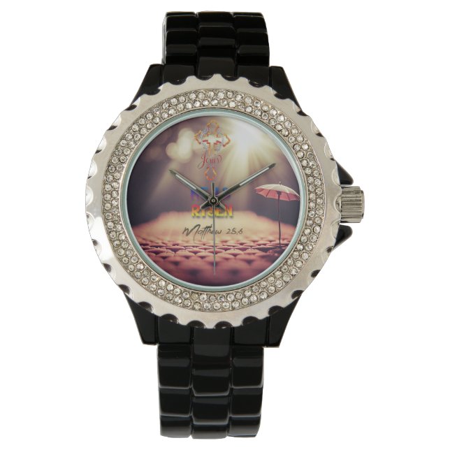 Montre Jésus Croix d'Or Il Est Ressuscité Matthieu 28:6 (devant)