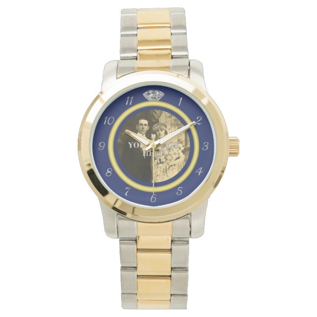 Montre Joli anneau de Mariage diamant avec photo en bleu (devant)