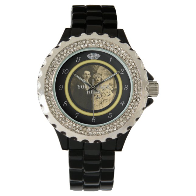Montre Joli anneau de Mariage diamant avec photo noir (devant)
