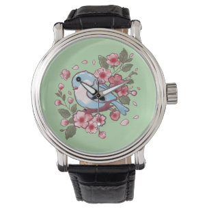 Montre Joli Merle Bleu de Printemps & Fleurs de Cerisier 