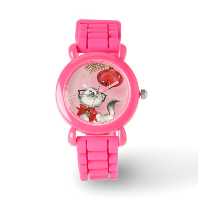 Montre Joli Noël Retro Kitty Chat Arbre rose Parties scin (Recto)