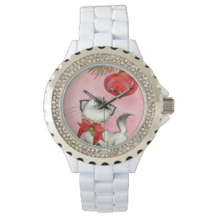 Montre Joli Noël Retro Vintage Kitty Chat Arbre rose