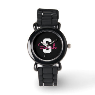 Montre Joli nom et monogramme   Noir Blanc et Rose
