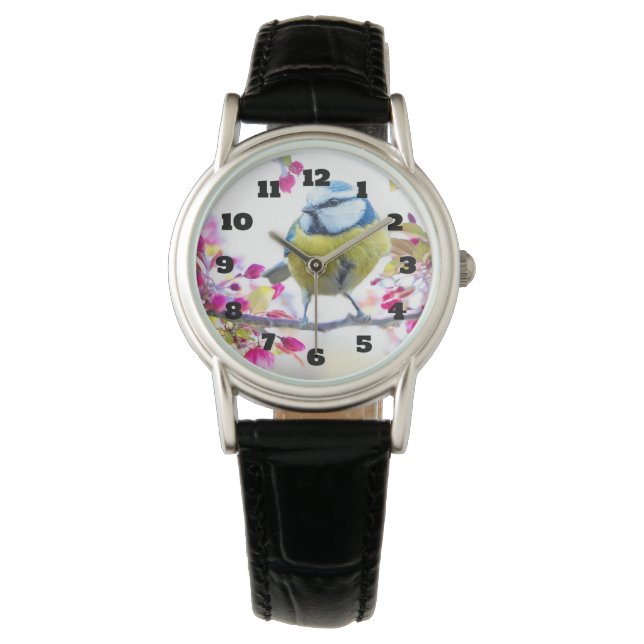 Montre Joli oiseau bleu et jaune sur une branche Photogra (devant)