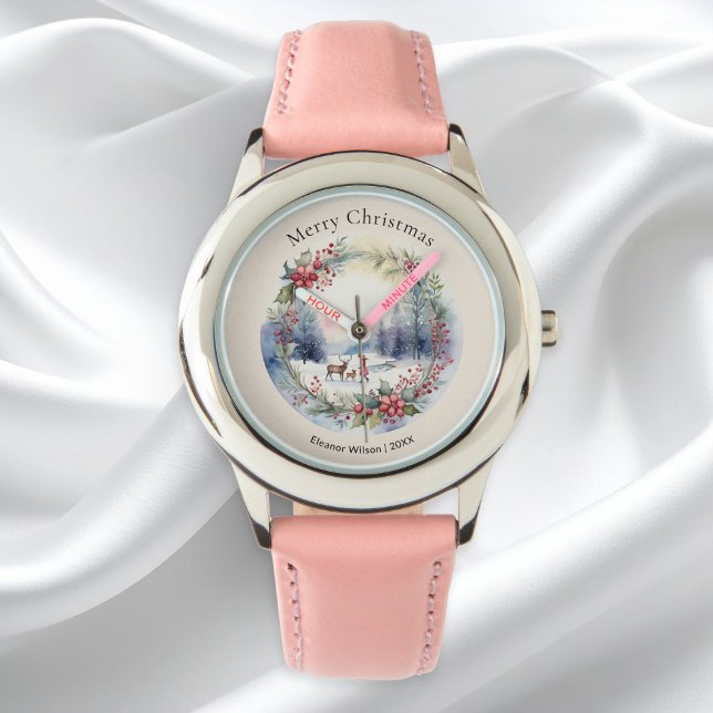 Montre Jolie aquarelle paysage de neige d'hiver personnal (A personalized watch with 'Merry Christmas’ greeting and a pretty snow scene in a watercolor style)