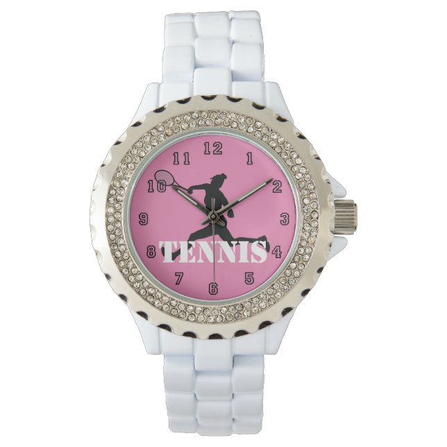 Montre Joueuse de tennis Silhouette rose, noir, blanc (devant)
