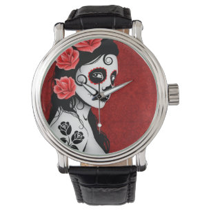 Montre Jour de la fille morte de crâne de sucre - rouge