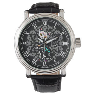 Montre Jour Girly du chat mignon mort et de la damassé