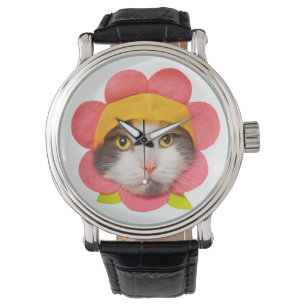 Montre Joyeux Anniversaire Cute Chat en Casquette Fleur