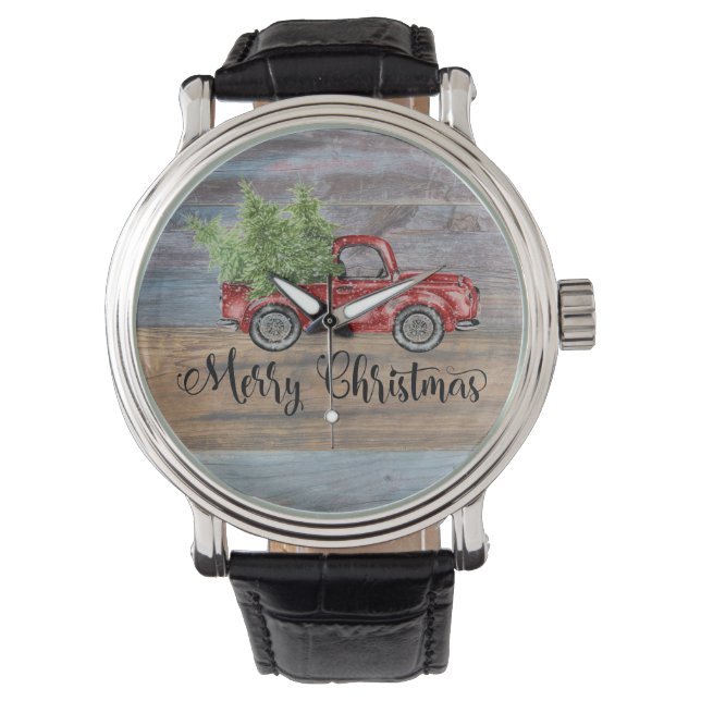Montre Joyeux Noël Bois Rustique Et Camion Rouge Mignonne (devant)