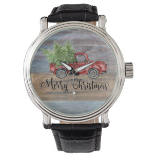 Montre Joyeux Noël Bois Rustique Et Chariot Rouge