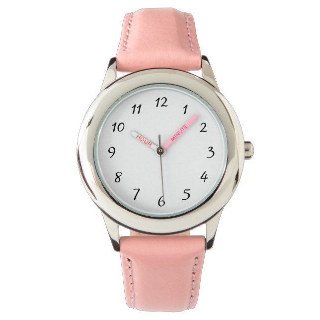 Montre Kid Pink acier inoxydable rose bracelet en cuir ro (devant)