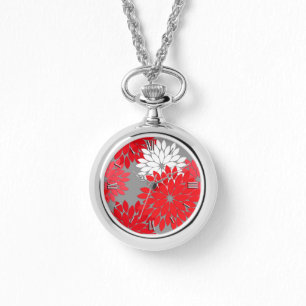 Montre Kimono floral moderne Imprimer, Coral rouge et gri