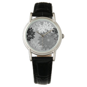Montre Kimono floral moderne Imprimer, gris, noir et blan