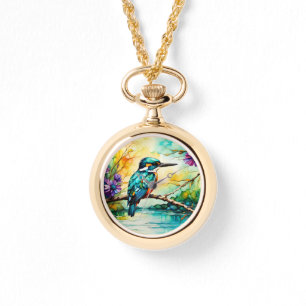 Montre Kingfisher sur l'eau et les Fleurs sauvages