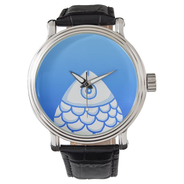 Montre Koi Carp Poisson Chinoiserie Chic Bleu Blanc (devant)