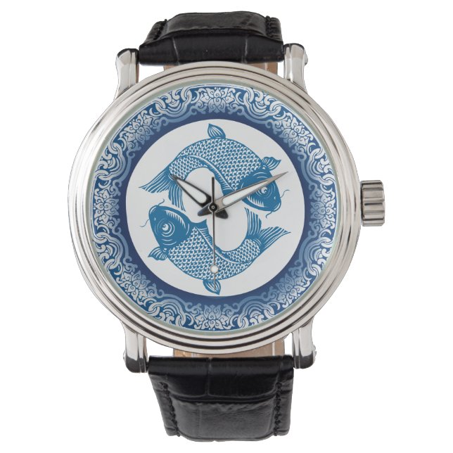 Montre Koi Carp Poisson Chinoiserie Motif bleu (devant)