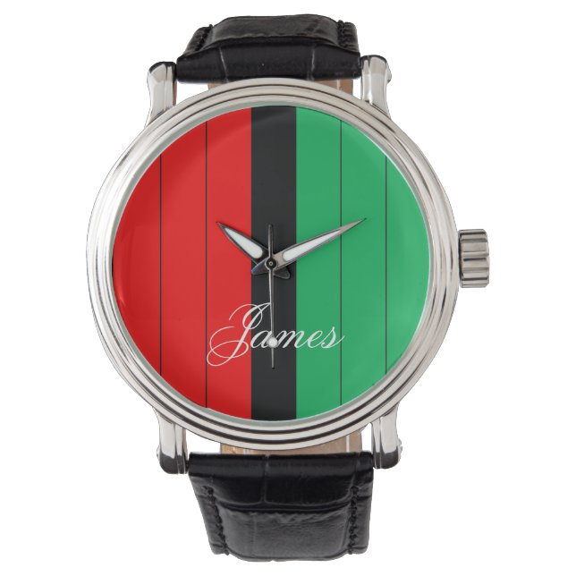 Montre Kwanzaa Rouge Noir Vert Kinara Motif rayé (devant)