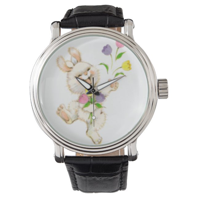 Montre Lapin de Pâques avec dessin animé de fleurs (devant)