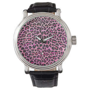 Montre Léopard noir et rose chaud