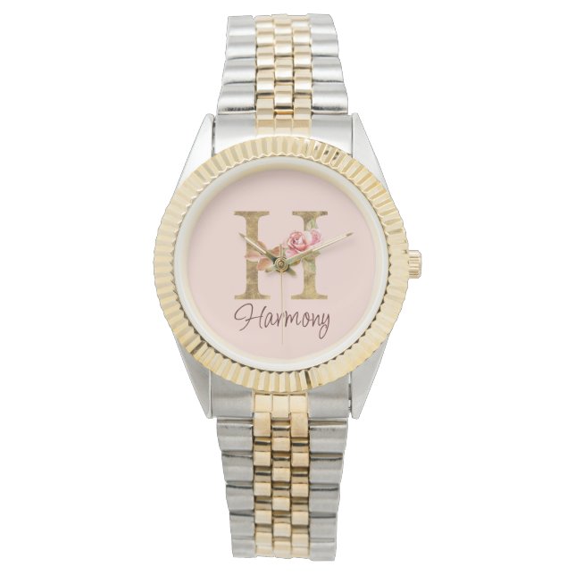 Montre Lettre de nom personnalisée H Rose blush et feuill (devant)