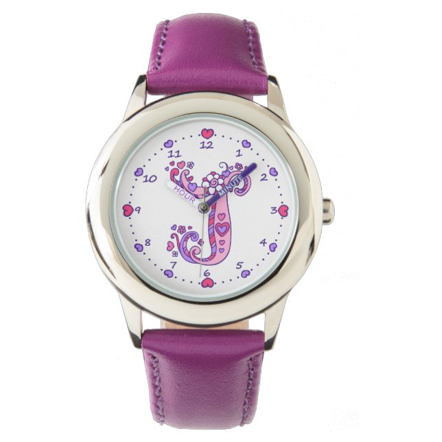 Montre LETTRE J monogramme initial doodé coeur filles reg (devant)