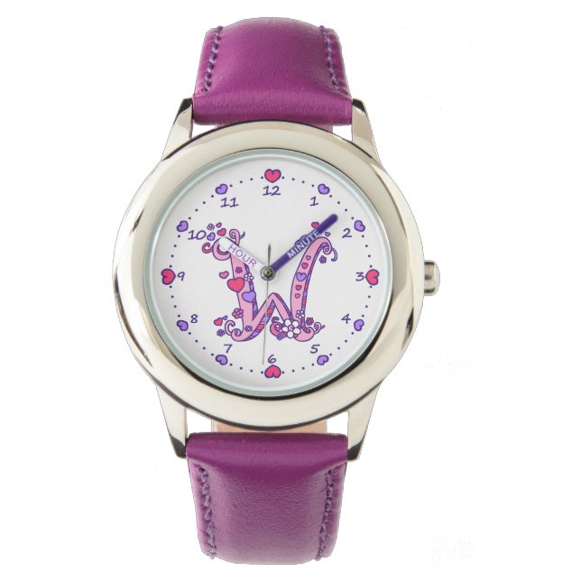 Montre Lettre W rose monogramme fille personnalisée regar (devant)