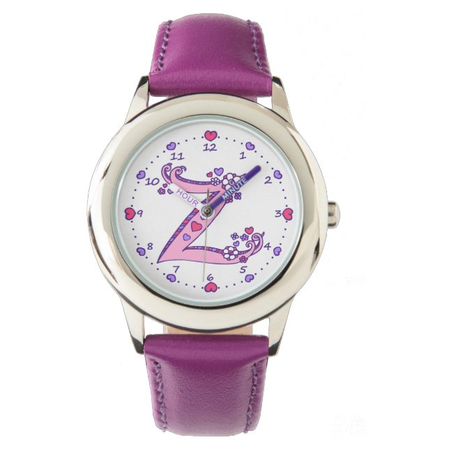 Montre Lettre Z rose monogramme personnalisé filles regar (devant)