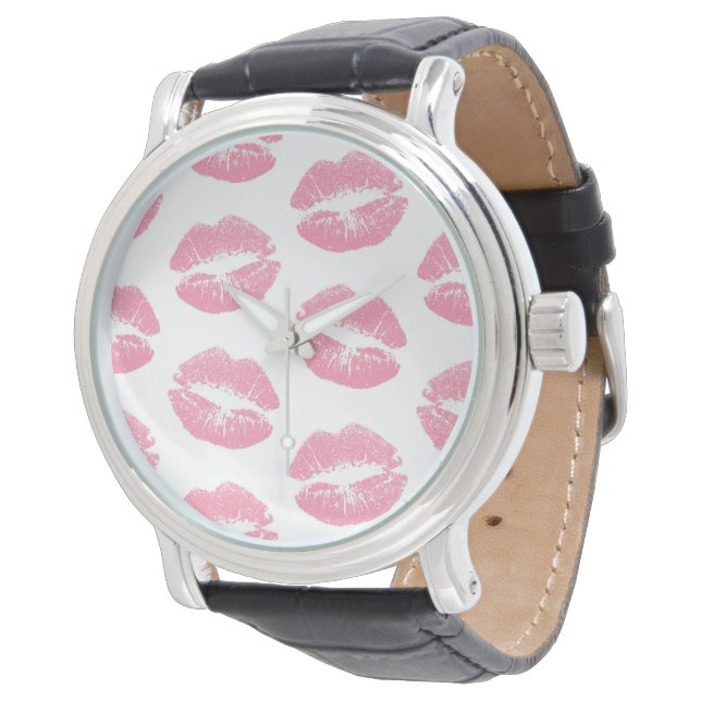 Montre Lèvres roses, motif de lèvres, rouge à lèvres rose (Incliné)